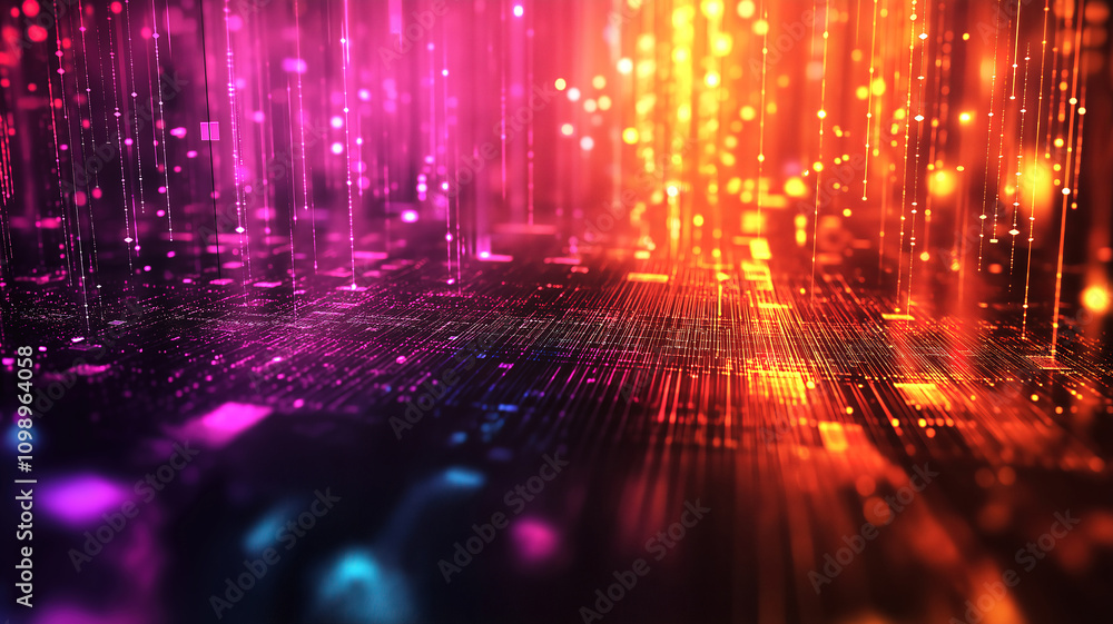 Poster abstract technology background with chaotic polygonal grid in vibrant colors on a dark backdrop