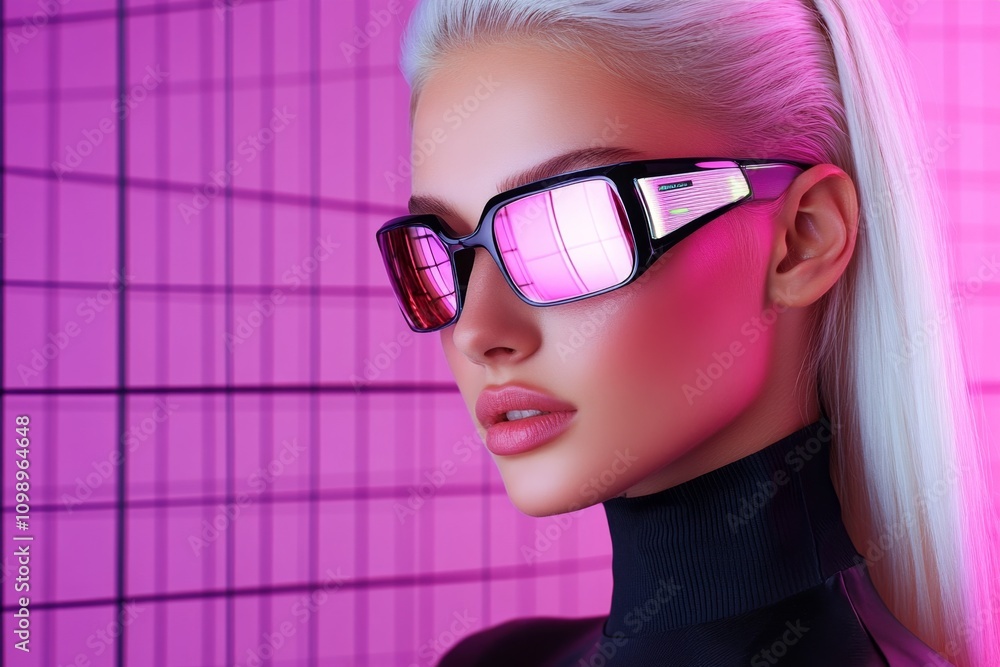 Poster a retro-inspired avatar design with glowing 80s-style neon accents, set against a grid-lined virtual