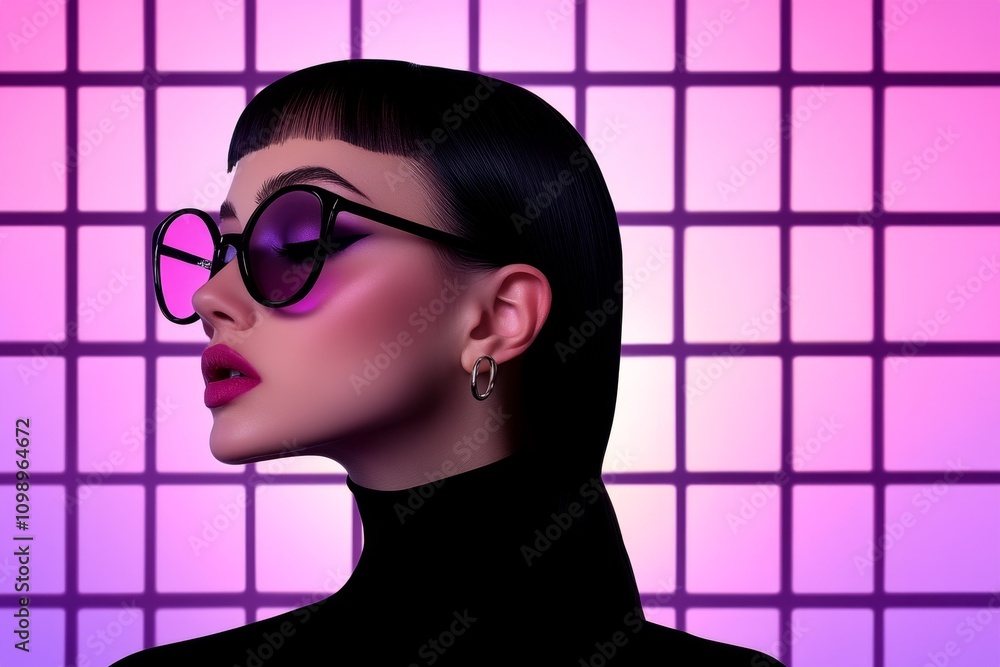 Poster a retro-inspired avatar design with glowing 80s-style neon accents, set against a grid-lined virtual