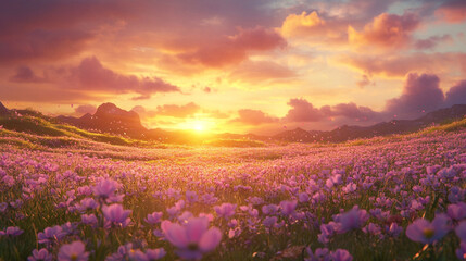 Fototapeta premium Beautiful sunset over a flowering meadow with vibrant sky hues in a serene landscape