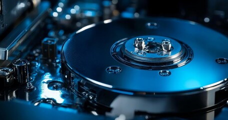 Close-Up Photograph of Disassembled Hard Drive with Spinning Disk and Metallic Parts