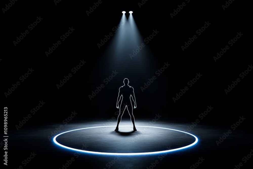 Poster a single bold spotlight shining on a clean, abstracted audience figure in a minimalist style