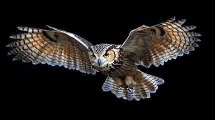 Fototapeta premium A majestic owl with its wings spread wide in mid-flight.
