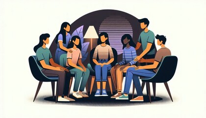 Diverse group therapy session with teens offering support and understanding in an intimate setting, focusing on emotional healing and community connection
