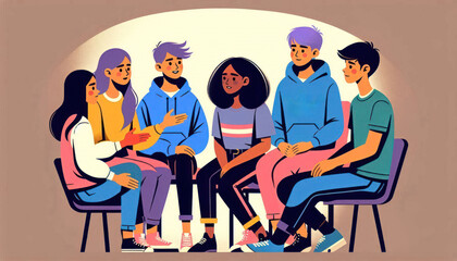 Group therapy session with diverse teens supporting each other in an inclusive and positive setting