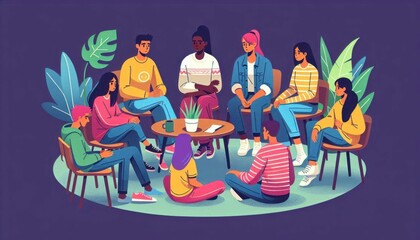 Diverse group therapy session with supportive teens in a casual setting, fostering connection and understanding among peers