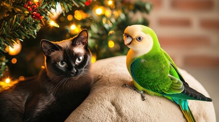 Fototapeta premium Christmas pet cozy friendship concept. Parakeet and a Siamese cat perched on a plush holiday cushion under a glowing Christmas tree