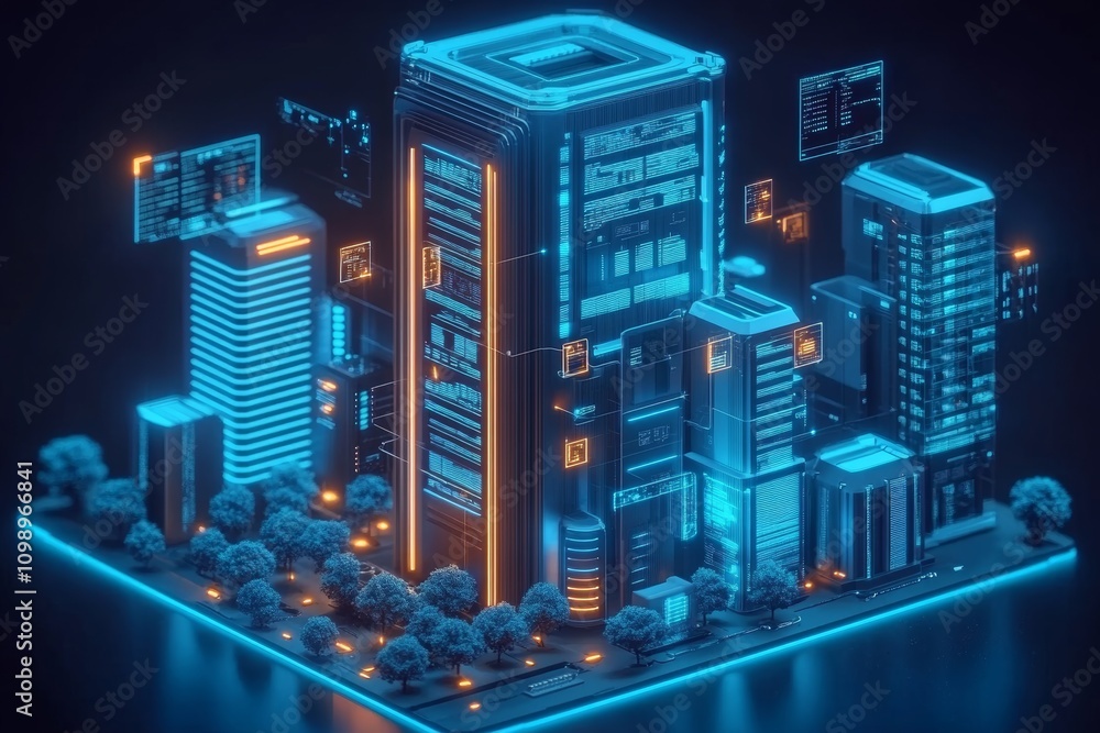 Aufkleber futuristic skyscraper with smart home technology and digital integration in a night setting