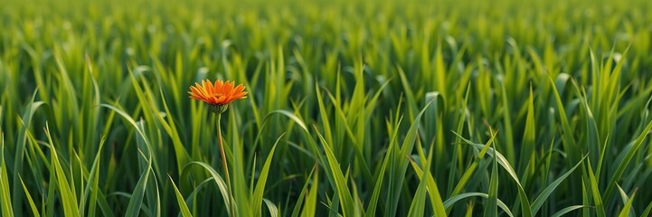 Fototapeta premium A lone vibrant flower blooms amidst a sea of identical yet monotonous green grasses, solitary blossom, small flower