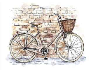 Obraz premium Vintage Bicycle with Woven Basket Resting Against Brick Wall - Hand-Drawn Flat Sketch Evoking Relaxation and Nostalgia