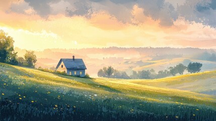 Fototapeta premium A dreamy watercolor of a quiet countryside at dusk, with rolling green hills and a small farmhouse. The warm glow of the setting sun reflects in the windows, blending seamlessly with the pastel 