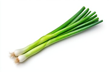 Fresh Green Scallions Sprig with Slender Shape on White Background
