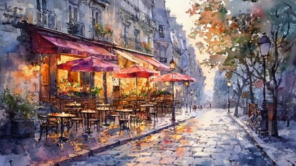 Fototapeta premium A dreamy watercolor street scene of a Parisian café at sunset, with small tables set along a cobblestone sidewalk. The warm light and colorful umbrellas create a romantic and inviting setting. 