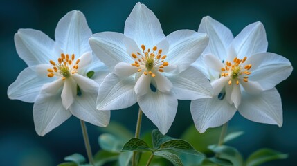 Obraz premium Three elegant white flowers with yellow centers against a blurred background.