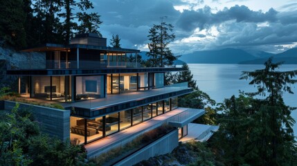 Obraz premium Modern cliffside house with breathtaking views, capturing architectural innovation