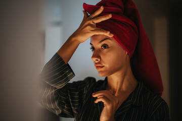 A young woman with a towel wrapped around her head, wearing pajamas, focuses on her skincare routine at home. The ambient lighting creates a warm, intimate atmosphere.