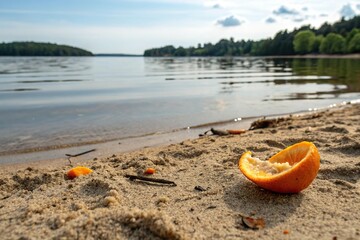 Obraz premium A peel of an orange scattered on the sandy shore near a lake with ripples on the surface of the water, lake scenery, calm atmosphere, juicy orange peel, fresh fruit fall