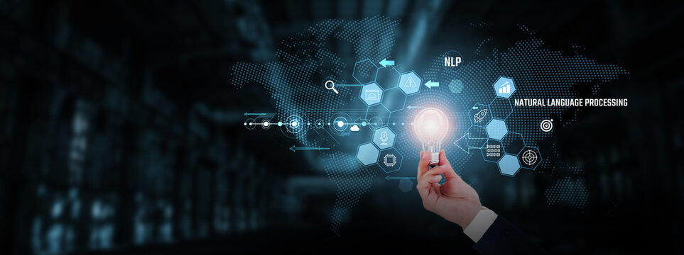 Natural Language Processing (NLP): Machine learning, artificial intelligence, semantic understanding, language models. Businessman hand holding creative light bulb with innovative technology.
