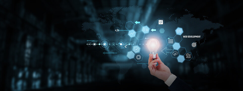 Web Development: Frontend design, backend programming, user experience, responsive design, web security, API integration. Businessman hand holding creative light bulb with innovative technology.
