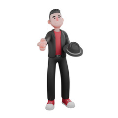 3D Model of Dance Artist.  A male choreographer stands, his left hand holding a caplin hat and his right hand pointing forward. Choreographer Character