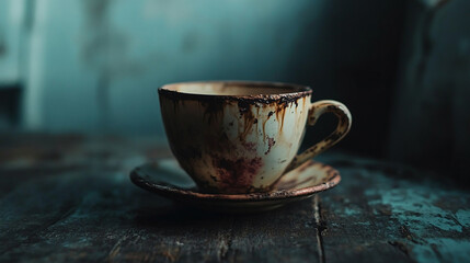 A chipped coffee cup with a faint lipstick stain on