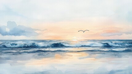 Obraz premium A tranquil watercolor beach scene at dawn, with gentle waves reflecting the pale pink and orange hues of the sky. A lone seagull flies overhead, adding movement to the peaceful setting. The 