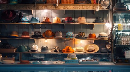 Fototapeta premium Collection of stylish hats displayed on shelves