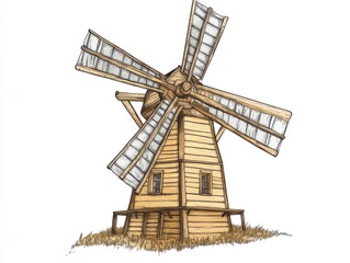 Obraz premium Rustic Hand-Drawn Vintage Wooden Windmill Illustration with Nostalgic Charm and Detailed Craftsmanship on White Background