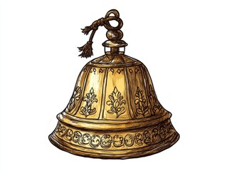 Vintage Flat Sketch of Elegant Brass Bell with Polished Finish and Intricate Designs on Isolated White Background, Ultra-Detailed Elegance