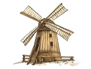 Obraz premium Vintage Hand-Drawn Wooden Windmill Illustration with Intricate Craftsmanship and Nostalgic Charm on Isolated Background