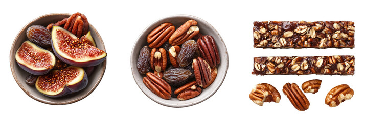 Obraz premium Fresh figs, pecans, and nut bars arranged in bowls, showcasing healthy snack option. vibrant colors and textures create appealing presentation for nutritious eating