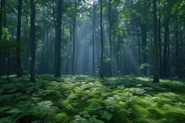 Fototapeta premium Morning in the forest with sunbeams coming through the tree trunks,. 