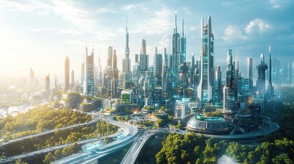 Obraz premium Futuristic cityscape with advanced architecture and greenery.