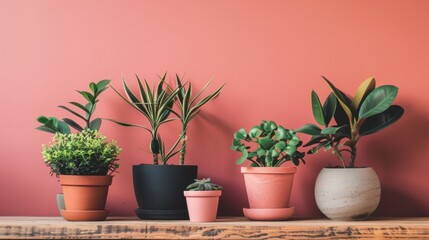 Fototapeta premium Potted plants in vibrant pots against a coral backdrop