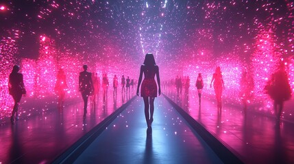 A futuristic scene featuring silhouettes walking through a vibrant, illuminated pathway.