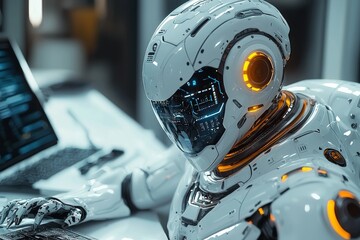 Ai robot assisting in a hi-tech workspace modern office futuristic design clean environment close-up innovation in technology