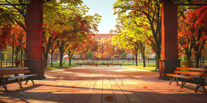 Campus Quad Talk Show Stage: A stage set in a college campus quad, with benches, trees, and a backdrop featuring a university campus scene. 