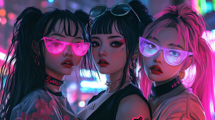 Obraz premium Cyberpunk vaporwave girls cool clothes trend, anime style. Vaporwave. Illustration