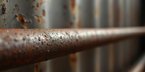 Close-up shot of rust covered metal bar with reflected light on the surface, rusty metal, industrial texture