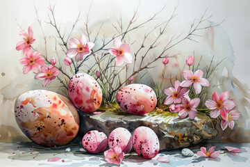 Easter eggs and cherry blossom branch on watercolor background..   