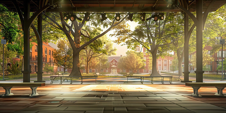 Campus Quad Talk Show Stage: A stage set in a college campus quad, with benches, trees, and a backdrop featuring a university campus scene. 