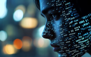 A dual-exposure shot of a person looking distressed while binary code overlays their face, representing privacy invasion through digital platforms, with empty corners for text