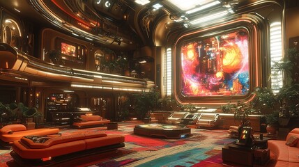 A futuristic lounge with vibrant artwork and plush seating, designed for relaxation and socializing.