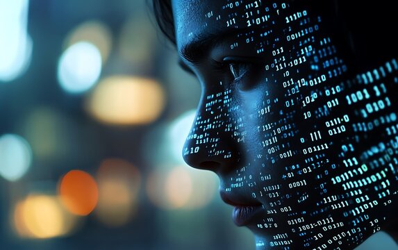 A dual-exposure shot of a person looking distressed while binary code overlays their face, representing privacy invasion through digital platforms, with empty corners for text