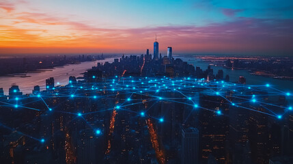 Naklejka premium Smart digital Innovation city with connection network reciprocity over the sunset cityscape. of future wireless digital city and social media networking systems that connects people with in city