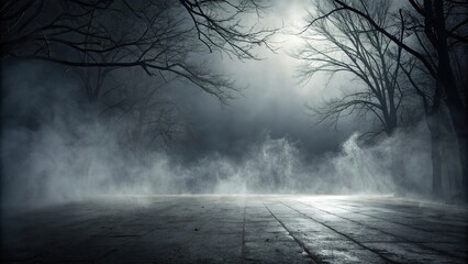 Fototapeta premium Dark silver foggy environment background, eerie, atmospheric, shadowy, mysterious, foggy