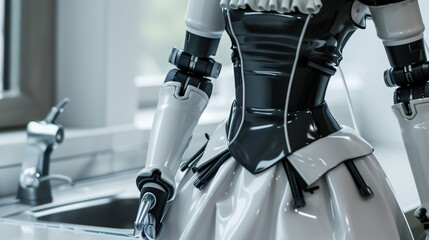 Futuristic AI Robot Housemaid in Uniform, Effectively Cleaning Kitchen Sink with Precision in a Minimalist Home Kitchen