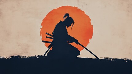 Samurai warrior in silhouette against red sun.