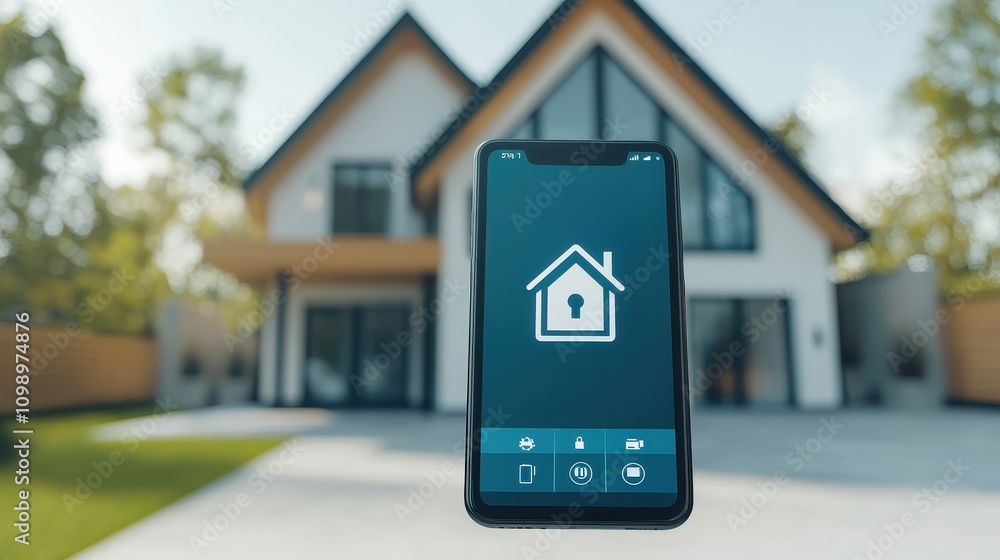Poster a smartphone displaying a home security app is positioned in front of a modern house, symbolizing sm