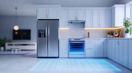 Fototapeta premium A modern kitchen featuring stainless steel appliances, light cabinetry, and a sleek design with illuminated elements.